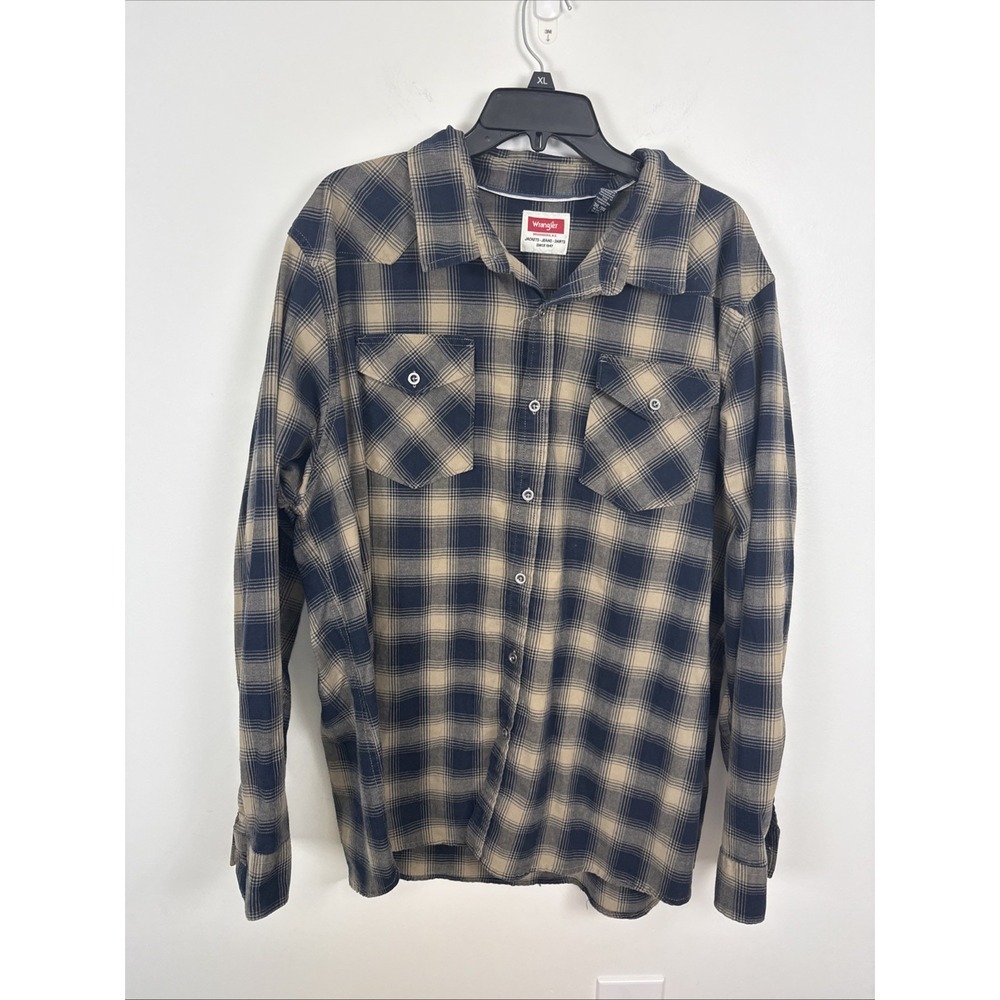 Wrangler Men's Navy Tan Plaid Long Sleeve Button Down Shirt Size 3XL Western